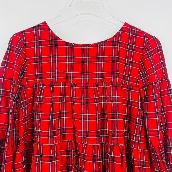 Madewell Size Small Red & Black Plaid Tiered Button Back Swing Top - Picture 4 of 11